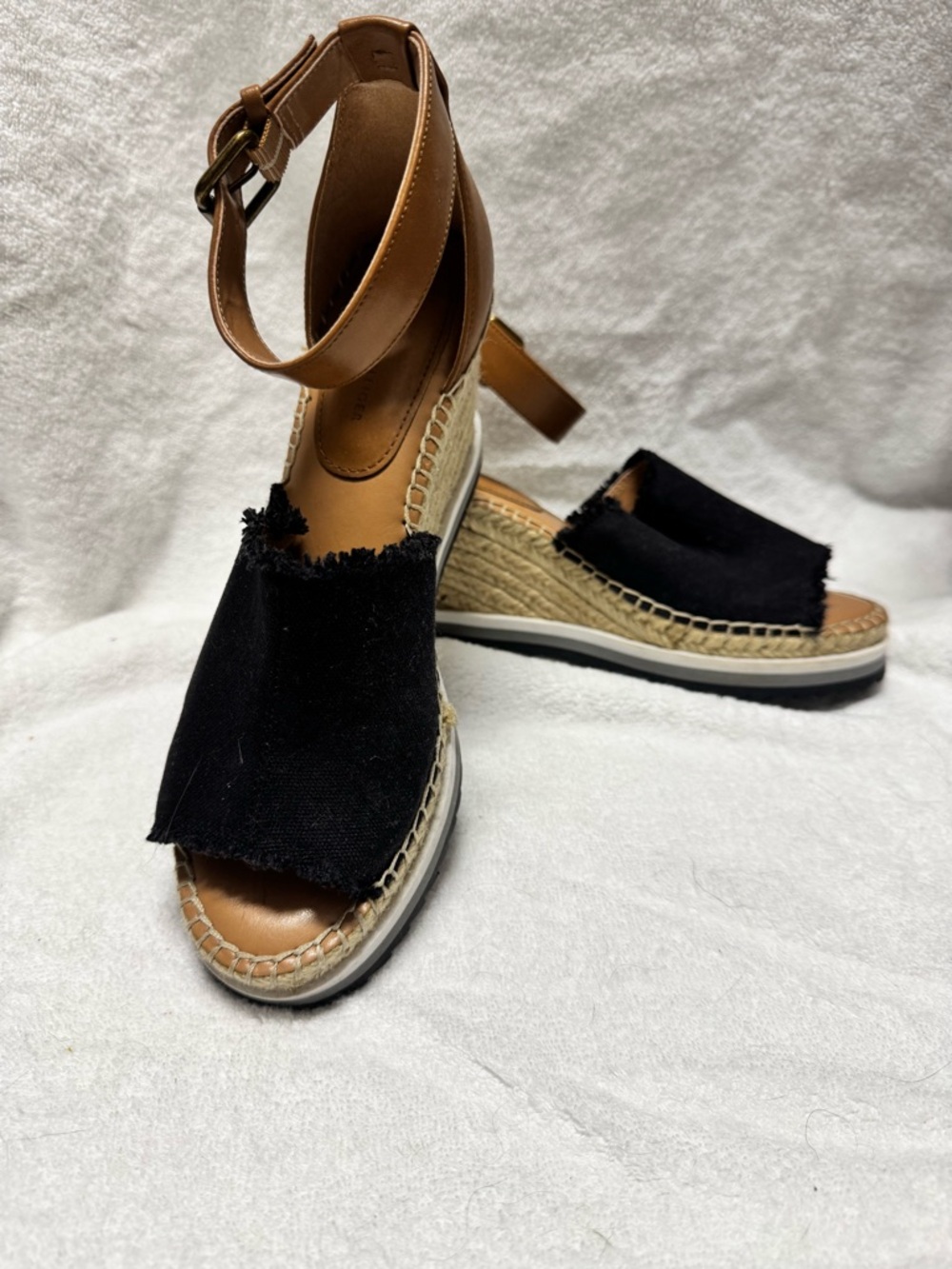 Tommy Hilfiger Black Canvas Espadrille Wedge Sandals with Tan Ankle Strap Size 8